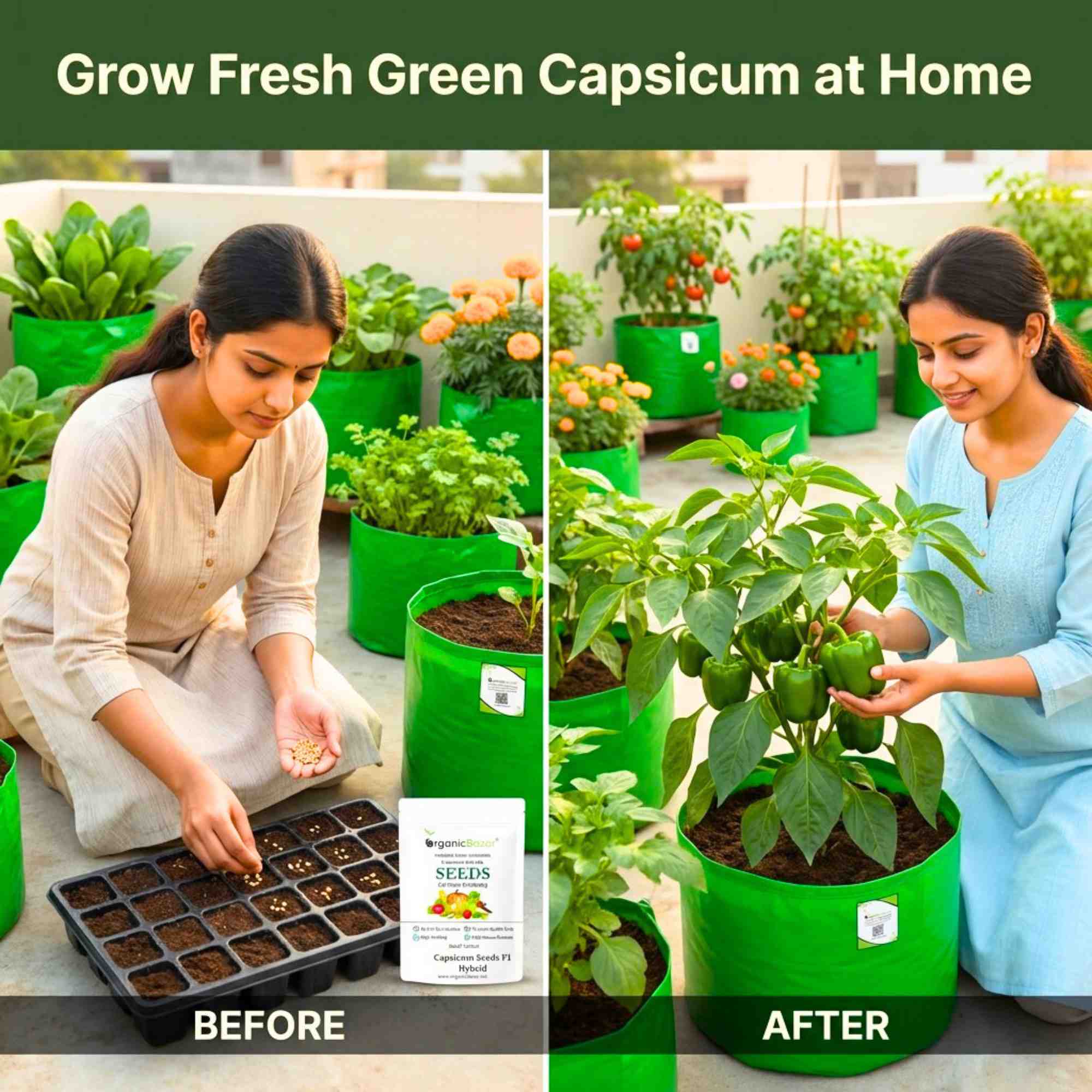 Capsicum (Hari Shimla Mirch) Seeds F1 Hybrid - (30 Seeds) High Yield | High Germination | Best for Home Gardens (हरी शिमला मिर्च के बीज) - Image 3