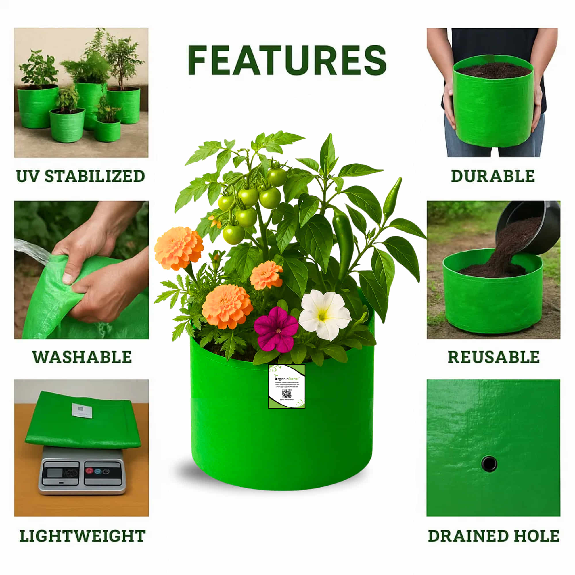 OrganicBazar 9x9 Small Grow Bag for Terrace Garden, Premium HDPE 260 GSM, Green Plant Bags - Image 5